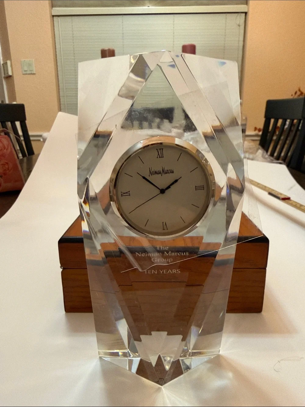 Neiman Marcus Brown Wood-Style Framed Wall Clock with Crystal Accent